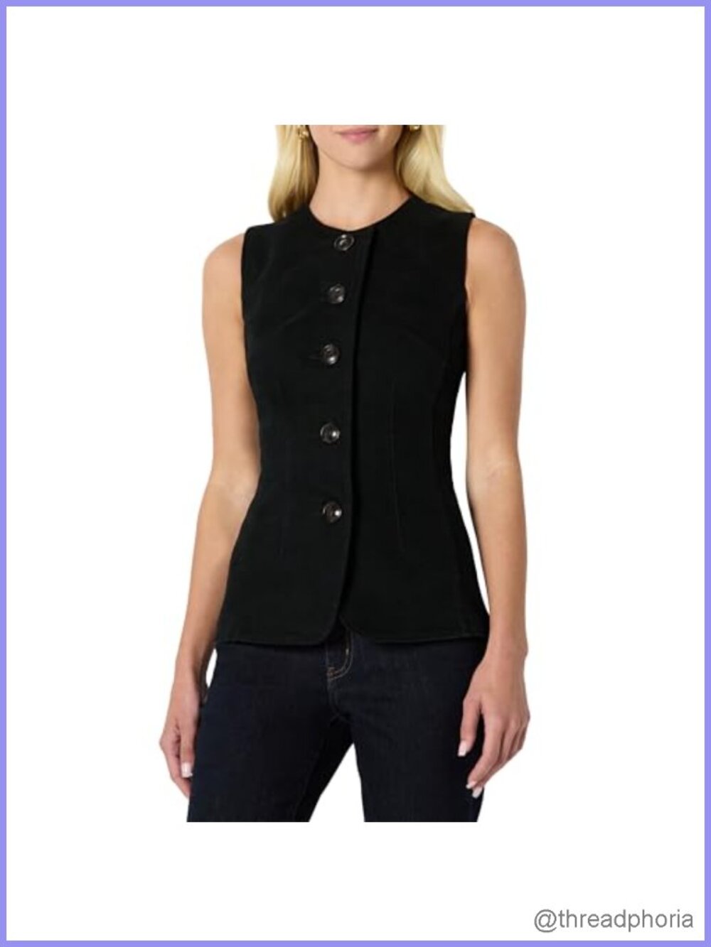 Women's Regular-Fit Denim Vest Round Neck Sleeveless Shank Buttons